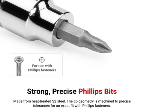 Half Inch Drive Phillips And Slotted Bit Socket Set With Rail Eight Piece Includes Two To Four Phillips tip detail with screw