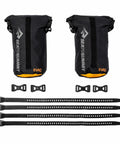 Two 3.7L black Bikepack Dry Bags with stretch loc straps, rugged 420D ripstop nylon, fully taped seams, waterproof rating 10,000mm.
