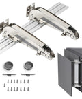 No Hassle Heavy Duty 180 Degree Lateral Hinge Set For Cabinets And Wardrobes showing brushed silver hardware and installation parts.