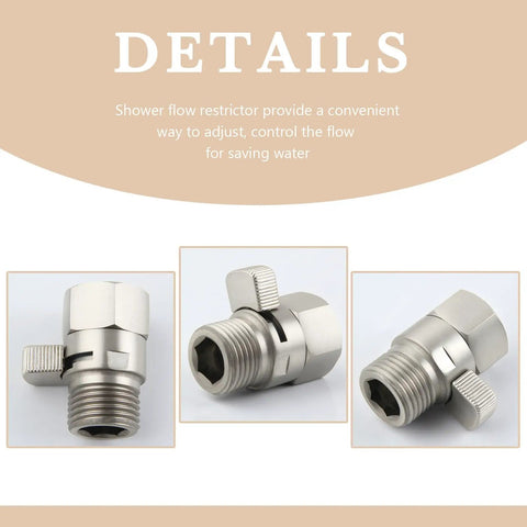 Universal Shower Head Flow Restrictor With G One Half Inch Adapter One Handed Non Slip Lever For Easy Flow Control Fits Most Shower Heads Brushed Nickel Finish, brushed nickel adapter detail