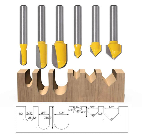 Six-Piece One Quarter Inch Shank Pro Grade Carbide Router Bit Set With Ninety Degree V-Groove And Round Nose Bits For CNC Sign Making