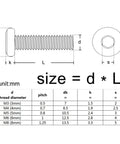 Diagram of Beefy Black Carbon Steel Hex Socket Furniture Connector Bolts Set 70mm Flat Head M3 M4 M5 M6 M8 sizes