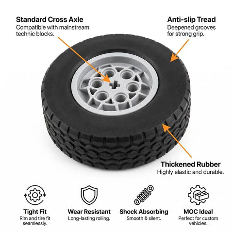 Top Tier Replacement Tires And Rims For Building Blocks 62 mm By 20 mm Rubber Wheels with thickened rubber and anti-slip tread.