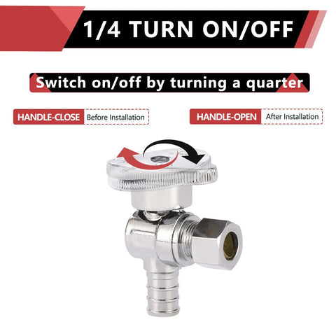 Image of Pack Of 20 One Quarter Turn Angle Stop Valves For PEX Systems Three Eighths Inch OD Compression To Half Inch PEX Chrome Plated Lead Free Brass, highlighting quarter turn mechanism.