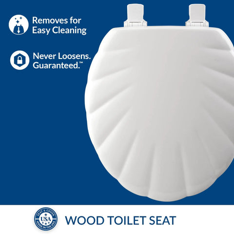 Sculptured Shell Toilet Seat With Quick Release Hinges, Durable Wood Seat, Round White, Made In USA, Easy Clean Design