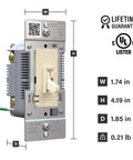 Ivory Toggle Led Dimmer Switch For Up To 150 Watt Bulbs Delivers Crisp Flicker Free Lighting With Smooth Sailing Brightness Control And No Fuss Installation For Any Room, showing dimensions and features.