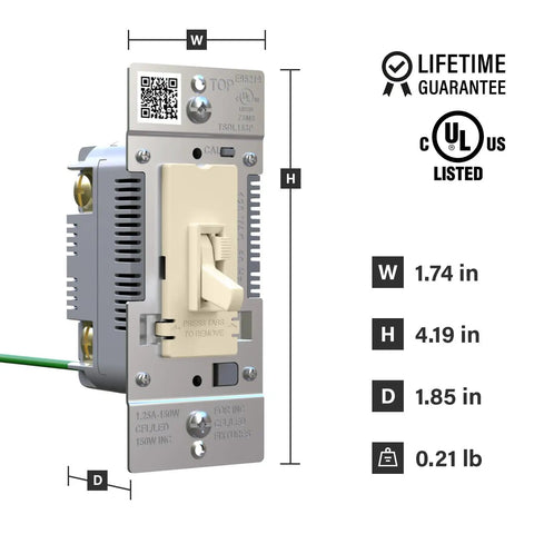 Ivory Toggle Led Dimmer Switch For Up To 150 Watt Bulbs Delivers Crisp Flicker Free Lighting With Smooth Sailing Brightness Control And No Fuss Installation For Any Room, showing dimensions and features.