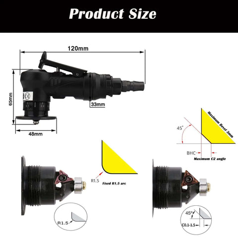 Lyshujli pneumatic chamfering tool, mini air-powered beveling and deburring for metal and wood, 1/4 inch air inlet.