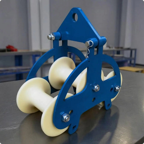 Heavy Duty Cable Pulley Roller Guide Block With Steel Frame And Visible Fasteners For Industrial Utility Jobs Two Wheel Nylon H Type 160 By 140 Mm Rugged Routing Tool For Tough Job Sites, blue frame
