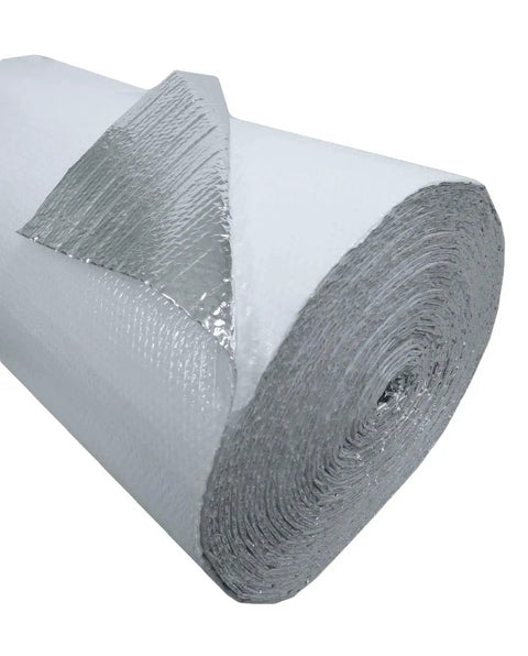 Rock Solid Double Bubble Reflective Foil Insulation R8 Thermal Barrier Roll 48 Inches By 100 Feet showing rolled foil insulation material.