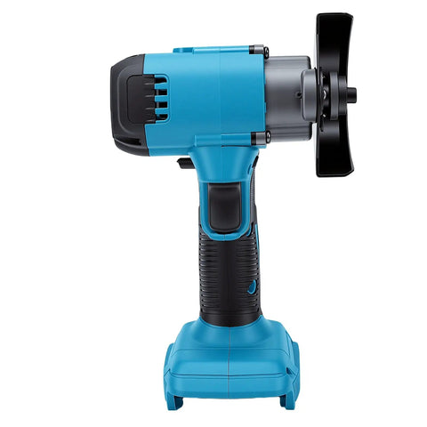 Heavy Hitter Cordless Mini Circular Saw And Angle Grinder 2 In 1 Featuring Brushless Motor 12000 Rpm And Rechargeable Battery side view with black and teal design.