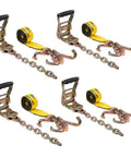 4 Pack Heavy Duty Tie Down Straps For Auto Towing With RTJ Cluster Hooks, 2 Inch By 8 Foot, G70 12 Inch Chain Extension, 3335 Lbs WLL