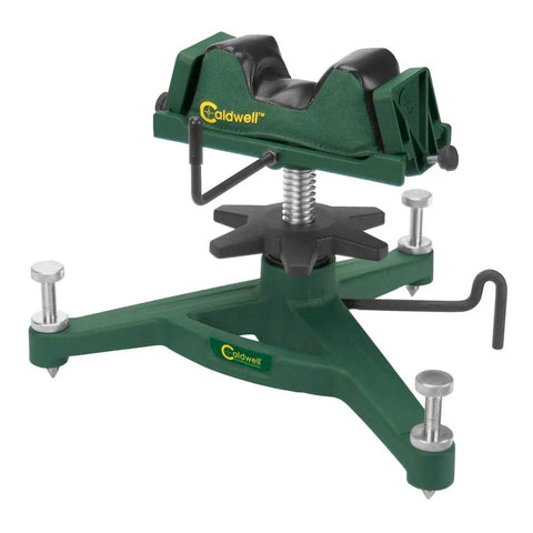 Ambidextrous Front Rifle Rest With Adjustable Height For Range Time Sight In And Stable Shooting, Durable Cast Aluminum Base With Smooth Steel Center Post For Non Destructive, Confident Firearm Setup showing green design with elevation wheel and three stabilizing feet.