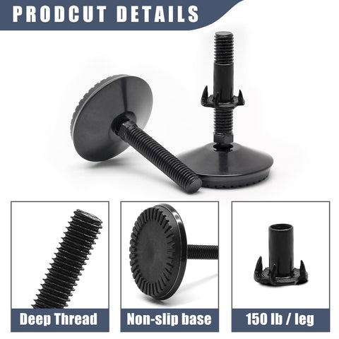 4 Piece M8 Adjustable Furniture Levelers With Swivel Feet For Tables Sofas Cabinets And Workbenches Heavy Duty Black Includes T Nuts And Wrench For Easy Leveling On Uneven Floors Built To Last And Keeps Your Furniture Stable
