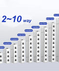 Heavy Duty T Type Aluminum Air Hose Inline Manifold Block Splitter For Standard And High Ventilation Pneumatic Systems 5 Way 7 Port Fitting Pro Grade Beefed Up Durable Corrosion Resistant Easy Airflow Distribution; various sizes shown from 2 way 4 port to 10 way 12 port.