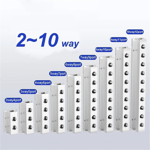 Heavy Duty T Type Aluminum Air Hose Inline Manifold Block Splitter For Standard And High Ventilation Pneumatic Systems 5 Way 7 Port Fitting Pro Grade Beefed Up Durable Corrosion Resistant Easy Airflow Distribution; various sizes shown from 2 way 4 port to 10 way 12 port.