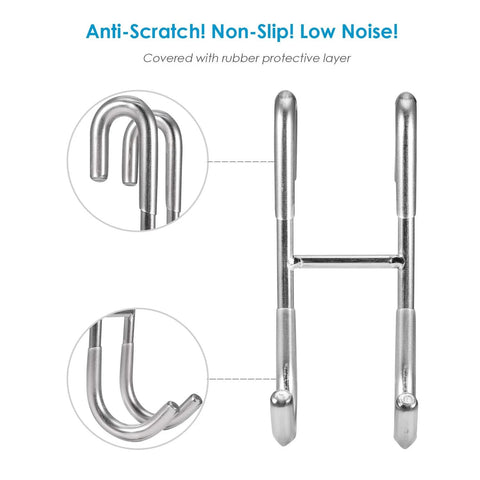 Close-up of Frameless Shower Door Hooks Two Pack for Glass Doors No Drilling Installation, silver stainless steel with rubber layer.