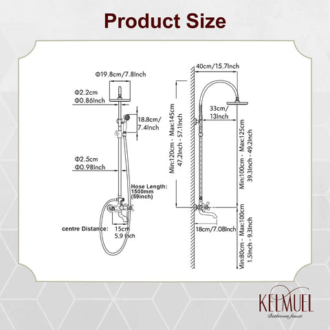 Dimensions diagram of Oil Rubbed Bronze Exposed Shower System With Brass Dual Knobs 8 Inch Rainfall Round Head Handheld Sprayer.