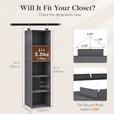 Five Tier Hanging Closet Organizer With Multi Compartment Wardrobe Storage Bin For Sweaters Pants And Towels Slick Heavy Duty Fabric Design Keeps Things Neat And Makes Sorting A Total Breeze