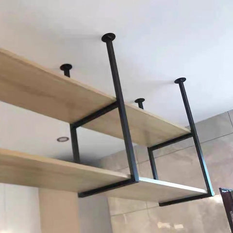 Heavy Duty Floating Shelf Bracket Ceiling Mount Metal Pipe Shelf Wrought Iron Storage Rack For Kitchen Bar Dining Room Built Different Holds 110 Lbs Easy With Screws Included showing black wrought iron brackets with wooden shelves.