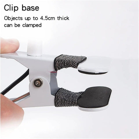 Clip On LED Magnifying Glass Lamp with 3X to 10X Magnification, flexible gooseneck arm, showing sturdy clip base adjustment