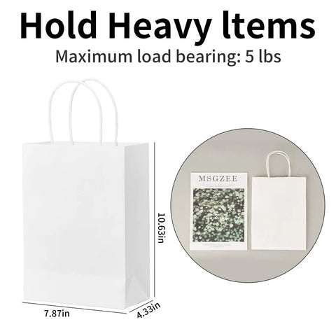White shopping bag with handles, dimensions 7.87x4.33x10.63 inches, shows bag holding a picture frame, max load 5 lbs.
