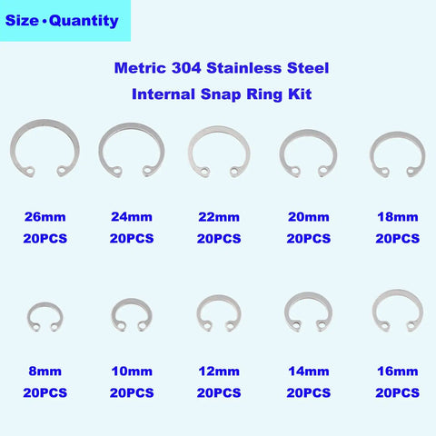 Internal Snap Ring Set 200 Pcs Stainless Steel 304 Metric Circlip Assortment Kit With 10 Sizes displayed in rows by size.