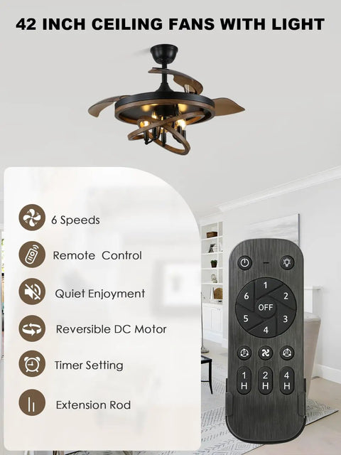 Bella Depot 42" Rustic Retractable Ceiling Fan with Lights and Remote, remote control features, indoor setting, 6 speeds.