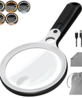 Rechargeable Illuminated Handheld Magnifier With 48 LED Lights, 10X 20X 45X Zoom, Five Light Modes, Scratch Resistant 4.3 Inch Lens