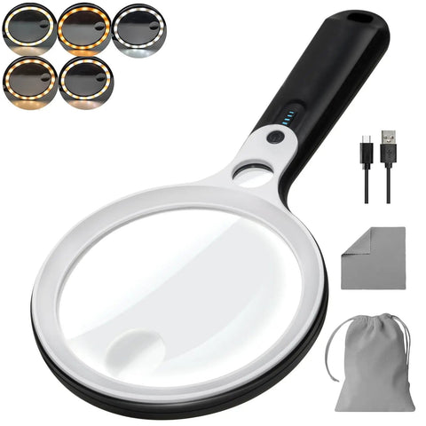 Rechargeable Illuminated Handheld Magnifier With 48 LED Lights, 10X 20X 45X Zoom, Five Light Modes, Scratch Resistant 4.3 Inch Lens
