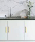 Gold Cabinet Pulls 30 Pack 5 Inch Modern Square Brushed Brass Drawer Handles For Kitchen Cabinets With Durable Brushed Brass Finish And Easy Install Upgrade Your Kitchen 7 3 8 Inch Overall Length on white kitchen cabinets