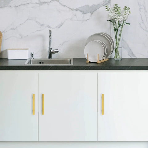 Gold Cabinet Pulls 30 Pack 5 Inch Modern Square Brushed Brass Drawer Handles For Kitchen Cabinets With Durable Brushed Brass Finish And Easy Install Upgrade Your Kitchen 7 3 8 Inch Overall Length on white kitchen cabinets