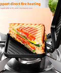 Durable Aluminum Grilled Sandwich Maker For Stovetop Use with toasted sandwich on burner, showing non-stick surface.