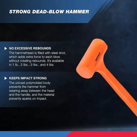 4 lb neon orange dead blow hammer with unibody molded construction, beefed up checkered grip, spark and rebound resistant