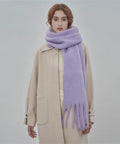 Cozy large blanket wrap shawl for women in soft thick knit scarf neck warmer, model wearing lavender shawl over coat