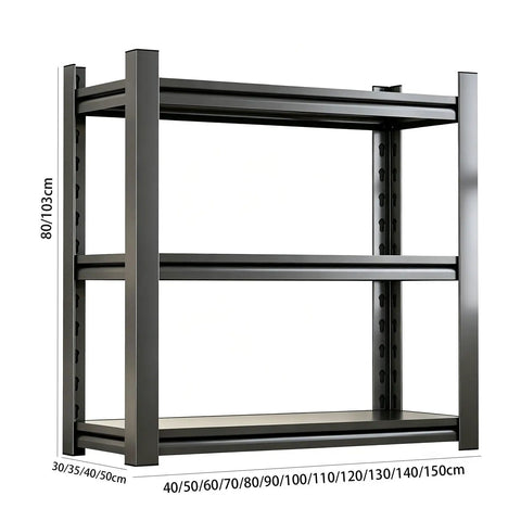 Heavy Duty Garage Shelving Unit With Three Adjustable Tiers, steel storage rack, black, side view, 80/103cm height