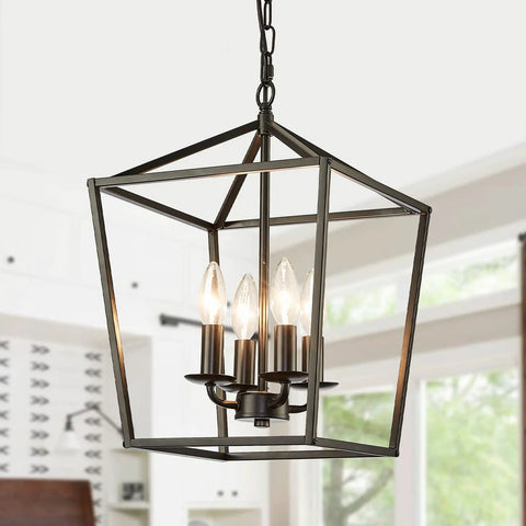 Four Light Black Farmhouse Chandelier With Industrial Metal Cage Adjustable Height Rustic Hanging Light With E12 Base in kitchen