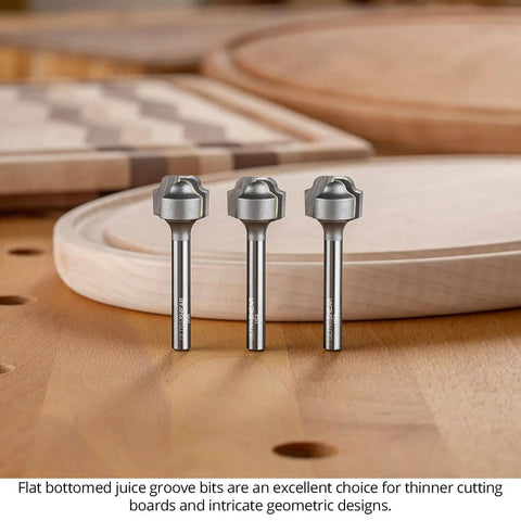 Juice Groove Router Bit For Cutting Boards, 1/8 Inch Radius, 1/4 Inch Shank, 2 Flute Carbide Tipped CNC Bit showcased on wood surface