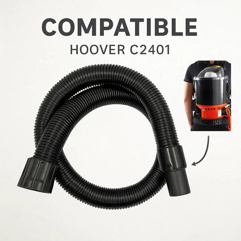 Replacement Hose For C2401 Backpack Vacuum, 58 Inch Length, heavy duty flexible hose coiled with compatibility text.