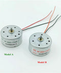 Two RF-300C 11440 Micro DC Motors Model A and B with wires, Micro 300 DC Motor One Point Five To Six Volts 6500 RPM 24mm Round Spindle