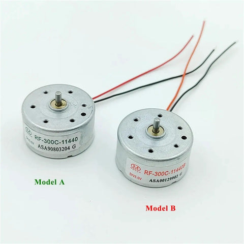 Two RF-300C 11440 Micro DC Motors Model A and B with wires, Micro 300 DC Motor One Point Five To Six Volts 6500 RPM 24mm Round Spindle