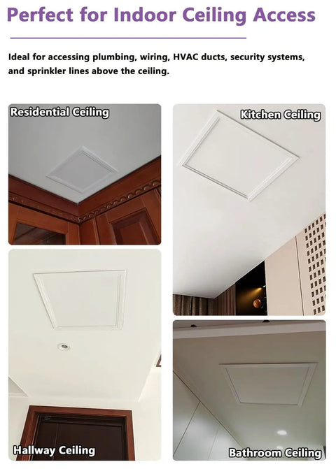Image showing different ceilings with 24x24 Flip-Up Ceiling Access Panel No Sweat Install Push Pop Cover Lift-Up Hinge for Attic Plumbing HVAC.