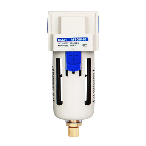 Front view of Three Eighths Inch NPT Air Line Dryer And Filter For Compressors, 5 Micron Brass Filter Element, Polycarbonate Bowl.