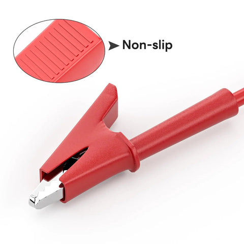 Close-up of one red clip from 5 Pack Alligator Clip Test Leads Dual Ended Crocodile Clips With Insulated Flexible Copper Wires