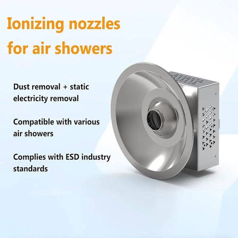 Heavy Duty Antistatic Ionizing Air Nozzle With Fast Static Knockdown And Super Slick Dust Sweep For Cleanroom Stations And Electronics Assembly Lines, stainless steel.