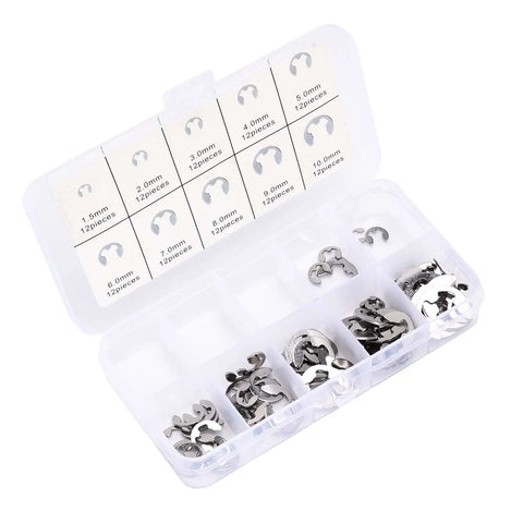 Heavy Duty Stainless Steel Snap Ring Set Kit 120 Pieces With 10 Sizes M1.5 To M10 for shaft positioning in plastic box.