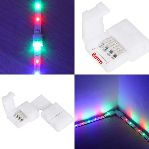 8mm Wide LED Strip Connector Kit 4 Pin RGB Rope Lights Gapless Solderless Clip with 32.8ft Extension Wire and L Shape PCB