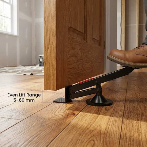 Heavy Duty Swivel Door Lifter And Board Hoist Tool Featuring Smooth Operator 360 Rotation and Rock Solid Base with Quick Release Levers for No Sweat Single Person Installation Jobs showing even lift range from 5-60 mm.