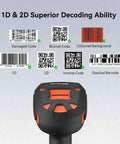 Rugged 2D Industrial Barcode Scanner With Wireless Charging Stand Bluetooth 433MHz 2In1 Reader decoding various barcodes