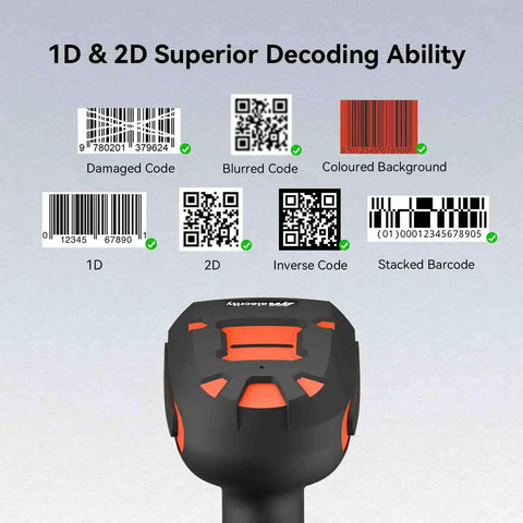Rugged 2D Industrial Barcode Scanner With Wireless Charging Stand Bluetooth 433MHz 2In1 Reader decoding various barcodes